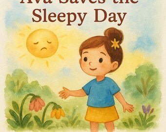 Può includere: Illustrazione della copertina di un libro per bambini intitolato "Ava Saves the Sleepy Day". L'immagine presenta una bambina con una maglietta blu e una gonna gialla, con un sole triste sullo sfondo. Il testo "Written by Lay & Amy" è in basso.
