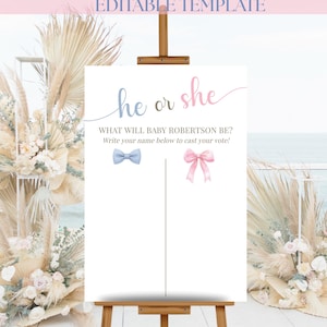 Op de afbeelding: Een wit bord op een ezel met de tekst "he or she" in cursief. Hieronder staat de tekst "WHAT WILL BABY ROBERTSON BE? Write your name below to cast your vote!" Een blauwe vlinderdas en een roze strik zijn afgebeeld.