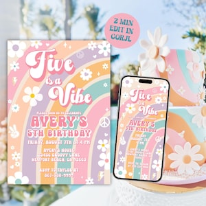 May include: A birthday party invitation with a retro design. The invitation features the text "Five is a Vibe" and details for Avery's 5th birthday. A smartphone displays the same invitation. A two-tiered cake with flower decorations is in the background.