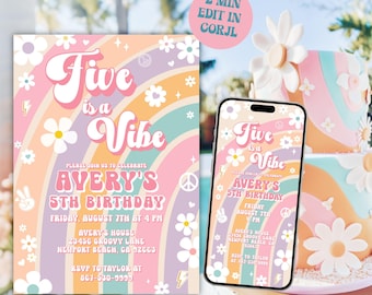 Editable Five is a Vibe Boho Daisy Birthday Invitation Pastel Girl 5th Birthday Template Retro Groovy Custom Personalized Party Invite A32