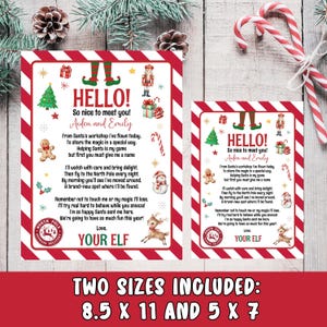 May include: Two Christmas-themed signs with red and white borders. The signs feature festive illustrations and text that reads "HELLO! So nice to meet you!" and a poem. The sizes are 8.5 x 11 inches and 5 x 7 inches.
