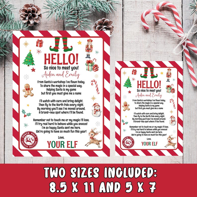 May include: Two Christmas-themed signs with red and white borders. The signs feature festive illustrations and text that reads "HELLO! So nice to meet you!" and a poem. The sizes are 8.5 x 11 inches and 5 x 7 inches.