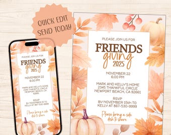 Editable Friendsgiving Digital Invitation, Printable 5x7 Invite Included, Editable Thanksgiving Dinner Fall Pumpkin Party Mobile Evite A40