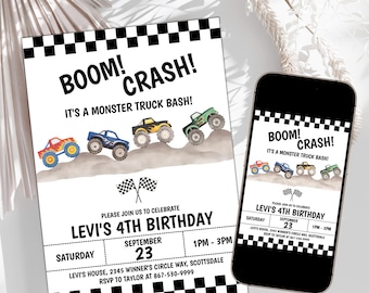 Monster Truck Birthday Invitation Template, Watercolor Truck Party Invite, Boom Crash Digital Download 140