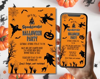 Editable Halloween Party Invitation, Spooktacular Evite, Instant Download Cell Phone Invite, Costume Party Invitation, Witch Ghost A48