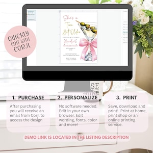 May include: A computer screen shows a digital invitation for a 50th birthday celebration. The invitation design includes a martini glass with olives, a pink bow, and the text "She's a Tini Bit Older."
