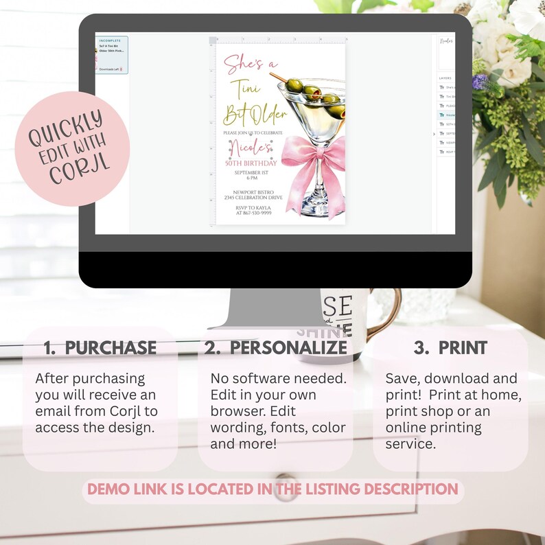 May include: A computer screen shows a digital invitation for a 50th birthday celebration. The invitation design includes a martini glass with olives, a pink bow, and the text "She's a Tini Bit Older."