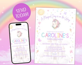 Può includere: Un modello di invito digitale per una festa di terzo compleanno, con un unicorno e il testo "A Magical Day is on the Way". L'invito è visualizzato su uno smartphone e una scheda stampata, con uno sfondo arcobaleno pastello.
