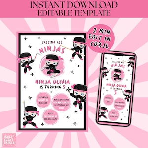 Editable Pink Ninja Birthday Party Invitation Martial Arts Invite Cute Ninja Warrior Girl Samurai Karate Printable Digital Template A8