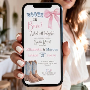 Invito digitale modificabile per la rivelazione del sesso del bambino con stivali o fiocchi, invito mobile in stile western, invito elettronico per cellulare, modello con stivali blu e fiocco rosa 171