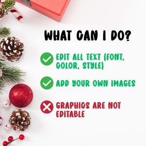 May include: A festive image with the text "WHAT CAN I DO?" in black. It highlights the ability to edit text, add images, and notes that graphics are not editable. Christmas decorations, including pinecones and a red ornament, surround the text.