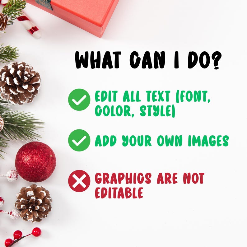 May include: A festive image with the text "WHAT CAN I DO?" in black. It highlights the ability to edit text, add images, and notes that graphics are not editable. Christmas decorations, including pinecones and a red ornament, surround the text.