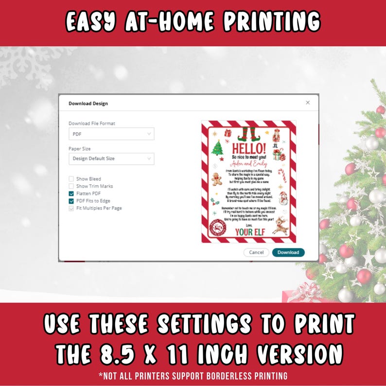 May include: A digital Christmas-themed printable design with the text "HELLO! So nice to meet you!" and the names "Adin and Emily." The image includes a Christmas tree, gingerbread man, and other festive elements. The text recommends printing the 8.5 x 11 inch version.