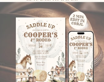 May include: An invitation template for a rodeo event, featuring the text "Saddle Up" and "Cooper's 1st Rodeo." The design includes illustrations of a horse, saddle, boots, and a hay bale. The invitation is available as an instant download and is editable.
