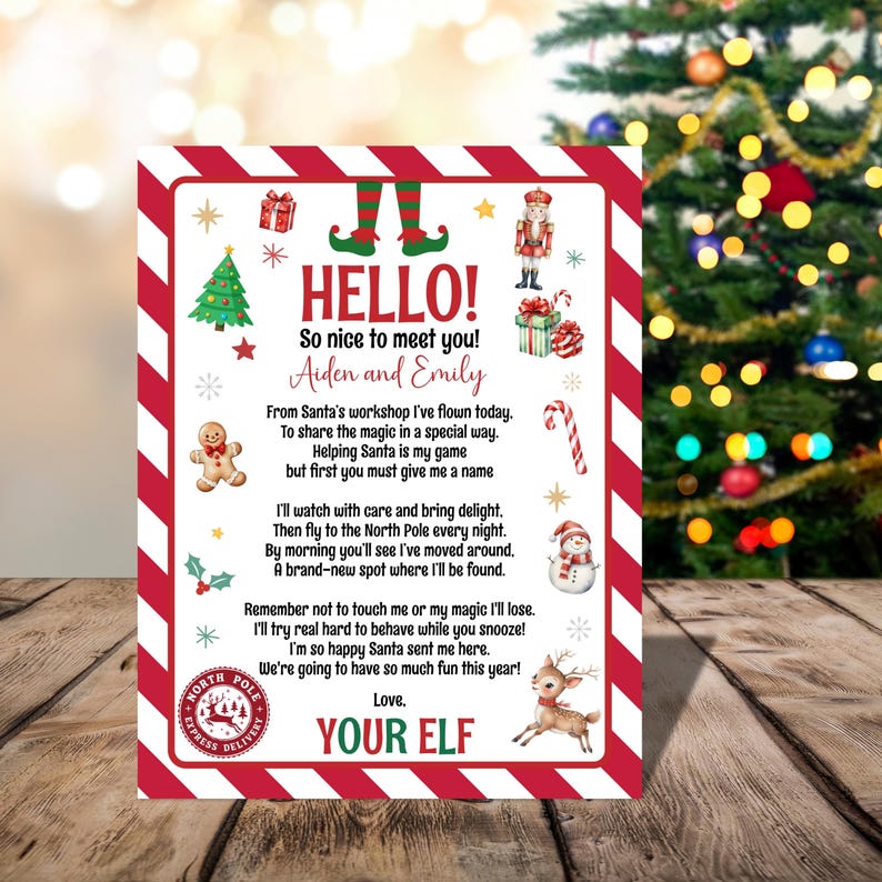 May include: A Christmas-themed card with a red and white striped border. The card features festive illustrations of a Christmas tree, elf shoes, and a reindeer. Text on the card reads "HELLO! So nice to meet you! Aiden and Emily" and "YOUR ELF."