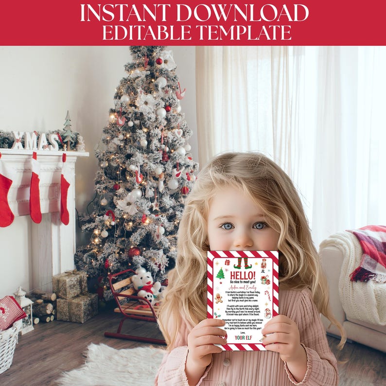 May include: A young girl holds a Christmas-themed card with the text "HELLO! So nice to meet you!" The card has a red and white striped border and festive illustrations. A decorated Christmas tree and fireplace are in the background.