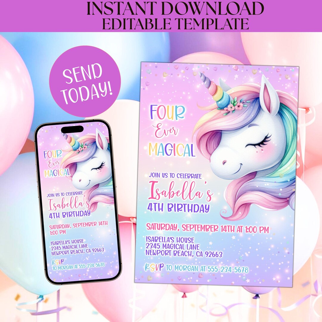 Editable Unicorn 4th Birthday Invitation Rainbow FOUR Ever Magical ...