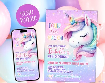 Bearbeitbares Einhorn 4. Geburtstagseinladung Regenbogen VIER Ever Magische Party Sofortiger Download Vorlage Mädchen Invite Rainbow A17