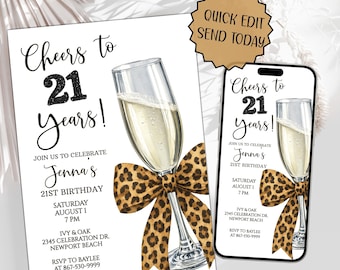 21st Birthday Party Invitation Template, Cheetah Bow, Cheers to 21 Years Champagne Invite, Leopard Bow Mobile Evite (Digital Download) LB2