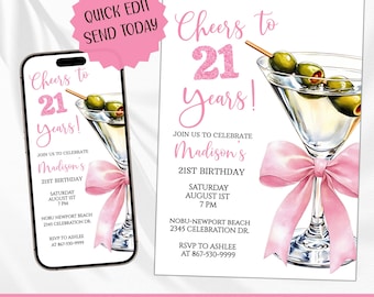 Editable Cheers To 21 Years Birthday Invitation Coquette Birthday Invite Fun Party Evite Pink Bow Instant Download Template B25
