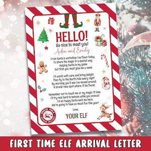 May include: A Christmas-themed letter with a red and white striped border. The letter features festive illustrations, including a Christmas tree, gingerbread man, and reindeer. Text on the letter reads "HELLO!" and "FIRST TIME ELF ARRIVAL LETTER".
