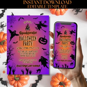 Invito per festa di Halloween modificabile, invito spettrale, invito per cellulare con download immediato, invito per festa in maschera, strega viola A50