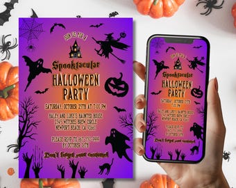 Editable Halloween Party Invitation, Spooktacular Evite, Instant Download Cell Phone Invite, Costume Party Invitation, Witch Purple A50