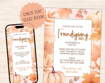 Digital Friendsgiving Dinner Invitation, Printable 5x7 Invite Included, Editable Thanksgiving Fall Pumpkin Party Mobile Evite A39