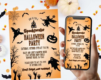 Editable Halloween Party Invitation, Spooktacular Evite, Instant Download Cell Phone Invite, Costume Party Invitation, Witch Ghost A49