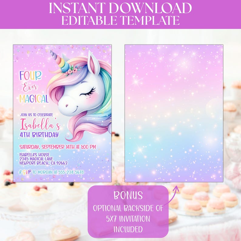 Editable Unicorn 4th Birthday Invitation Rainbow FOUR Ever Magical ...
