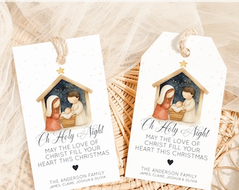 Bewerkbaar Oh Holy Night-kerstcadeaulabel, kerstcadeaulabel, Oh Holy Night, christelijk cadeaulabel, kerststalletje, Jesus Holiday Favor Tag A87