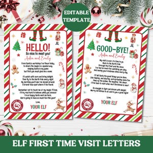 Può includere: Due lettere a tema natalizio con bordi rossi e verdi. La lettera a sinistra dice "HELLO!" e la lettera a destra dice "GOOD-BYE!". Entrambe le lettere presentano illustrazioni festive di elfi, omini di pan di zenzero e renne. Il testo recita "ELF FIRST TIME VISIT LETTERS".