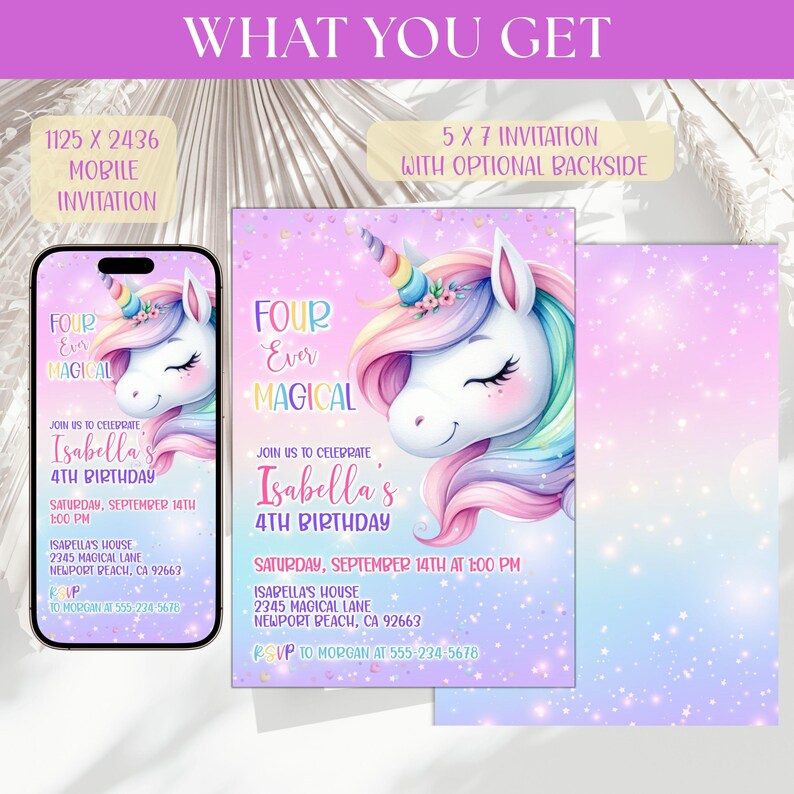 Editable Unicorn 4th Birthday Invitation Rainbow FOUR Ever Magical ...