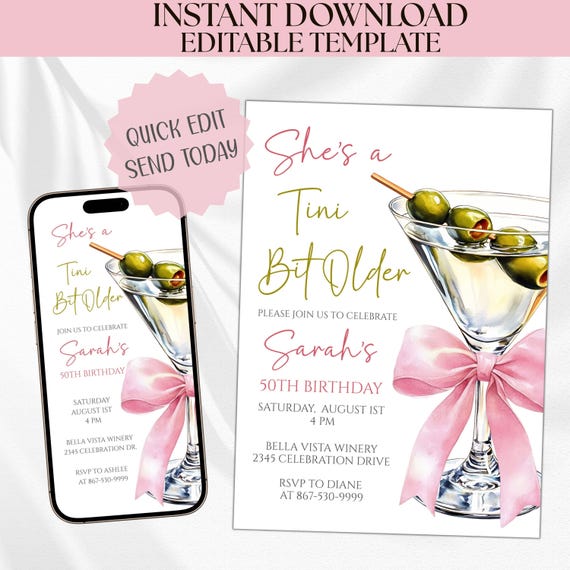 Editable A Tini Bit Older 50th Birthday Invitation Coquette Birthday Invite Fun Fifty Evite Pink Bow Instant Download Template B21