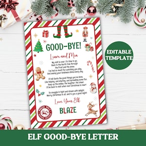Puede incluir: Una carta con temática navideña con un borde rojo y verde. La carta incluye el texto "GOOD-BYE!" y un poema de un elfo llamado Blaze. También se ven las palabras "EDITABLE TEMPLATE".
