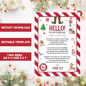 May include: A festive Christmas-themed printable featuring a red and white striped border. The design includes the text "HELLO!" and a poem, along with illustrations of Christmas elements like a tree, gifts, and a snowman. The text also includes "INSTANT DOWNLOAD", "EDITABLE TEMPLATE", and size dimensions.