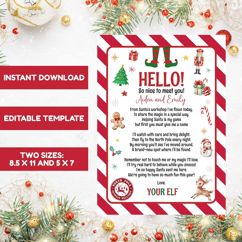 May include: A festive Christmas-themed printable featuring a red and white striped border. The design includes the text "HELLO!" and a poem, along with illustrations of Christmas elements like a tree, gifts, and a snowman. The text also includes "INSTANT DOWNLOAD", "EDITABLE TEMPLATE", and size dimensions.
