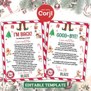 Può includere: Due modelli stampabili a tema natalizio con bordi a righe rosse e bianche. Uno dice "Sono tornato!" e l'altro dice "Arrivederci!" Entrambi presentano illustrazioni festive di omini di pan di zenzero, renne e alberi di Natale. I modelli sono modificabili.
