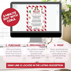 May include: A computer monitor displays a Christmas-themed digital design with the text "HELLO!" and festive illustrations. The design includes a red and white border, a Christmas tree, and a reindeer. Instructions for purchase, personalization, and printing are also shown.