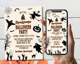 Editable Halloween Party Invitation, Spooktacular Evite, Instant Download Cell Phone Invitation, Costume Party Invite, Neutral Ghost A51