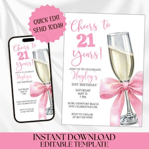 Mall för inbjudan till 21-årsfest, rosa kokett-rosett 5x7 söt rolig skål champagne-inbjudan, digital nedladdning för mobil Evite 130