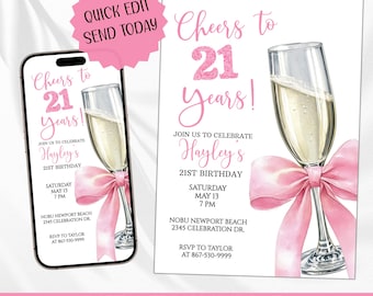21st Birthday Party Invitation Template, Pink Coquette Bow 5x7 Cute Fun Cheers Champagne Invite, Mobile Evite Digital Download 130