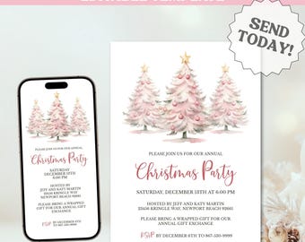 May include: A Christmas party invitation template with pink watercolor Christmas trees, gold stars, and ornaments. The invitation includes the text "Christmas Party" and event details. The words "Instant Download Editable Template" are at the top.