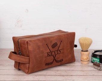 Personalized Hockey Leather Bag Toiletry Bag: Monogram Mens Toiletry Bag