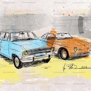 Kadett, Karmann, stampa digitale personalizzata con pittura ad acquerello, 50 x 40 cm con cornice in alluminio, passepartout 14 mm, certificato di autenticità, ltd. 20