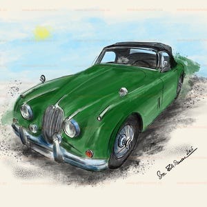 Jaguar XK, stampa digitale con tecnica mista ad acquerello, cornice in alluminio 50 x 40 cm, passepartout da 14 mm, certificato, tiratura limitata a 20 esemplari