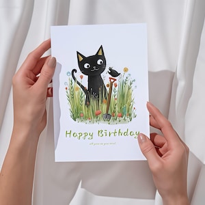 Cartão de aniversário em aquarela para impressão, cartão de aniversário digital para download, cartão de aniversário engraçado, cartão engraçado com gato e pássaro, cartão de feliz aniversário