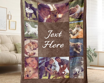 May include: A brown fleece blanket featuring a collage of photos, including dogs, people, and the text "Text Here" in white. The blanket is held up by a person wearing white shoes.