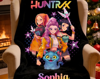 Personalized Blanket With Huntrix Theme,Custom K-Pop Demon,Huntrix Blanket Gift, Pink Color Kids Blanket For Girls,Christmas Family Gift,