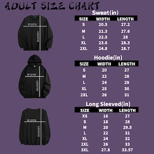 Op de afbeelding: Een volwassen maattabel voor sweatshirts, hoodies en shirts met lange mouwen. De tabel toont de afmetingen in inches voor breedte en lengte, met maten van XS tot 3XL. De afbeelding bevat illustraties van elk kledingtype.